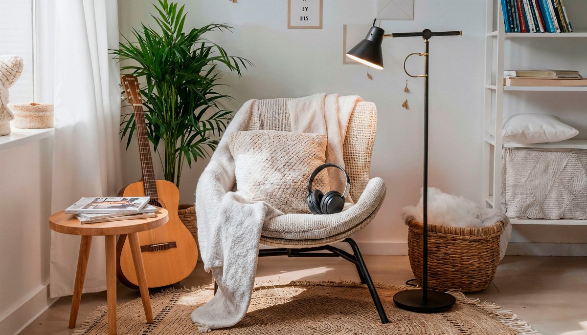 Sillón con manta, planta y guitarra junto a una lámpara de pie, ambiente cálido y relajante.