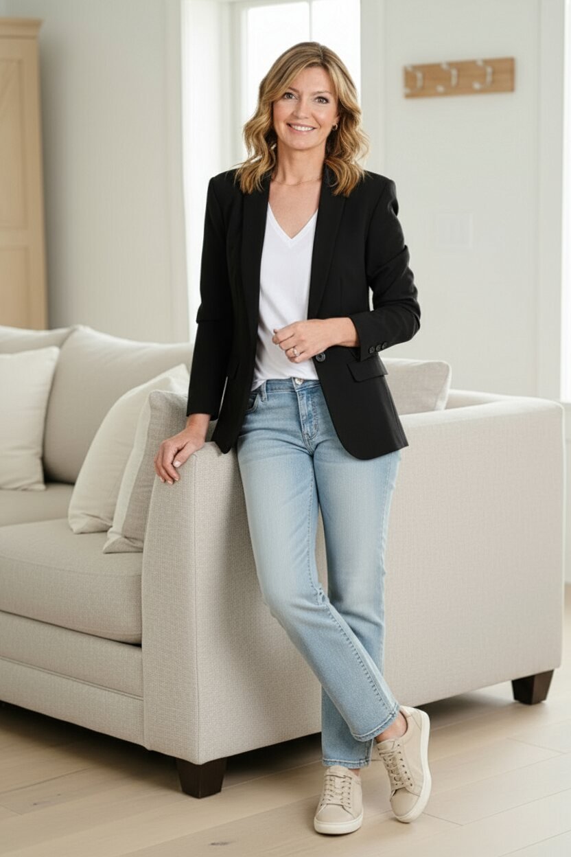 Interiorista sonriente apoyada en un sofá beige en un espacio luminoso y acogedor.