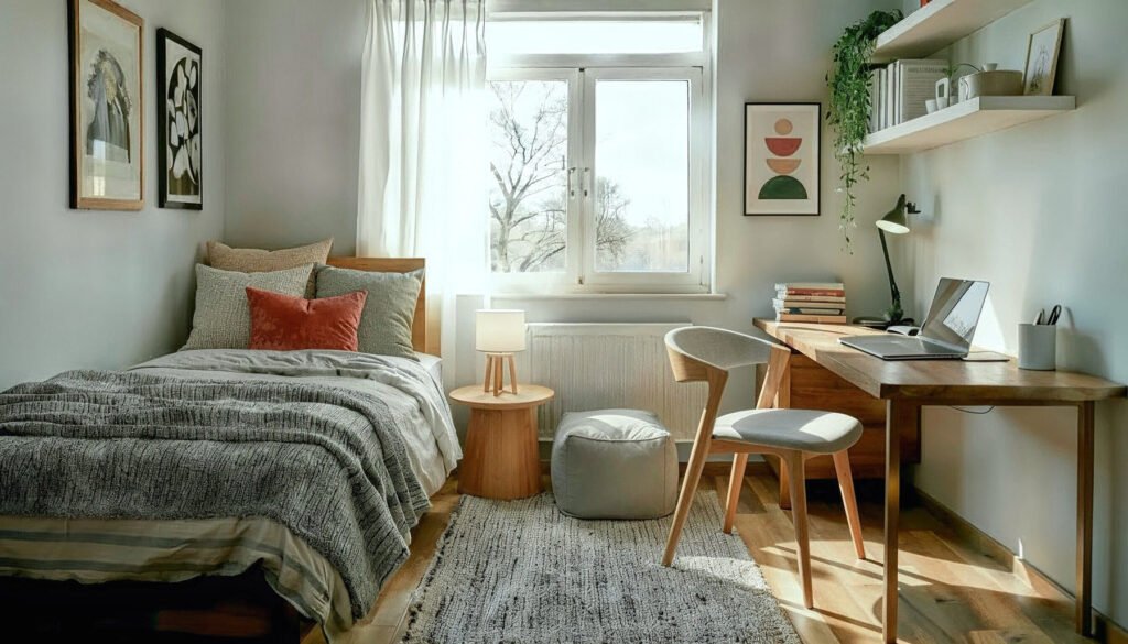 Habitación luminosa con cama, escritorio de madera y decoración minimalista, diseño funcional y sereno.