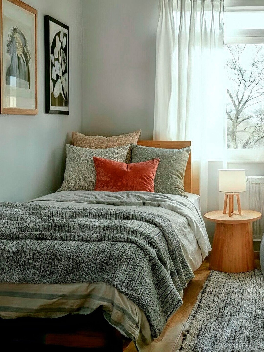 Dormitorio acogedor con textiles cálidos y luz suave Cama con cojines y manta gris frente a una ventana con cortinas blancas.