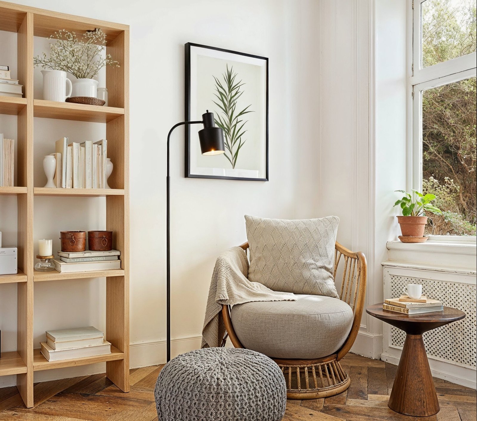 Sillón con cojín, estantería de madera y lámpara de pie negra junto a una ventana.