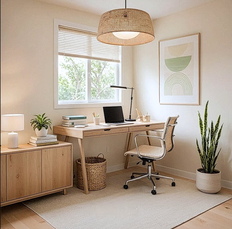 Escritorio de madera clara con planta y lámpara natural, espacio ordenado y luminoso para teletrabajar.