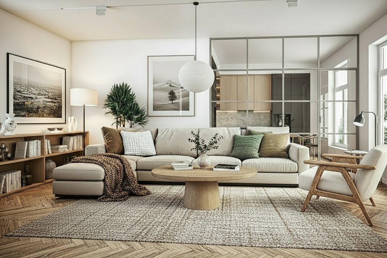 Salón luminoso con sofá beige, mesa de centro de madera y luz natural, interiorismo emocional en tonos cálidos.