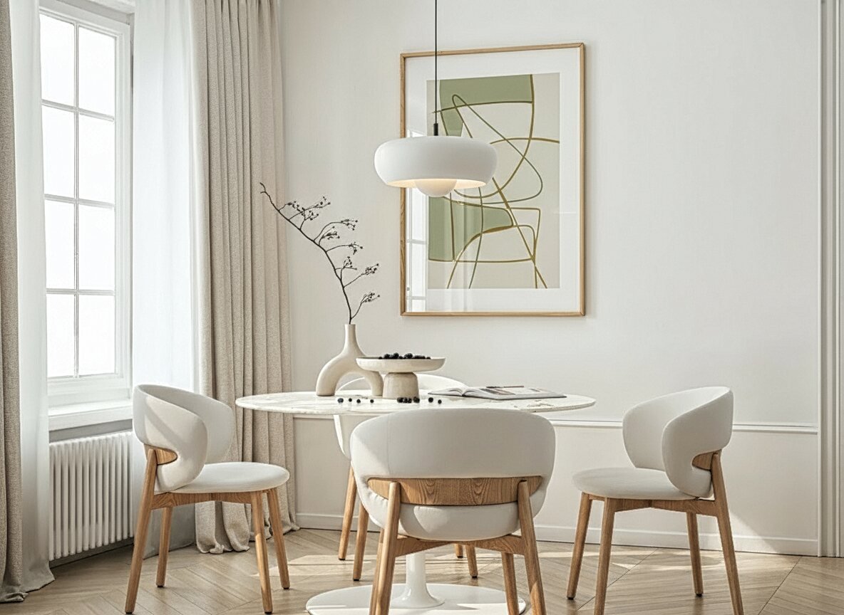 Comedor minimalista con mesa redonda blanca y sillas de madera clara, diseño acogedor y sereno.