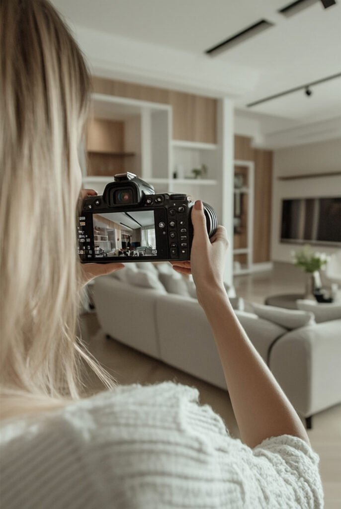 Mujer fotografiando un salón luminoso con mobiliario neutro y natural.
