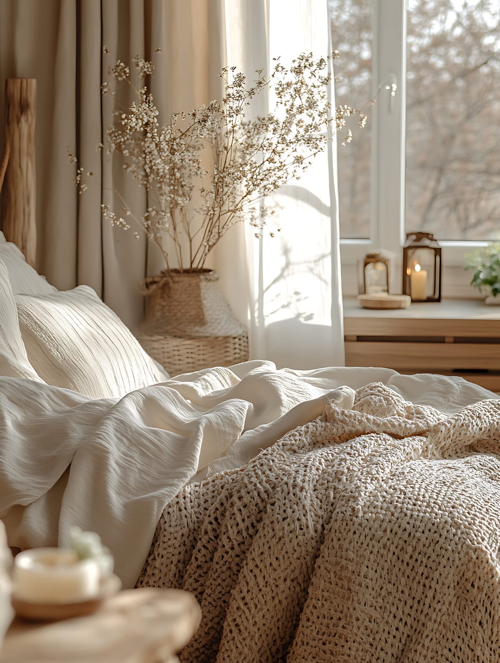 Cama con textiles en tonos arena y luz natural filtrada por cortinas beige.