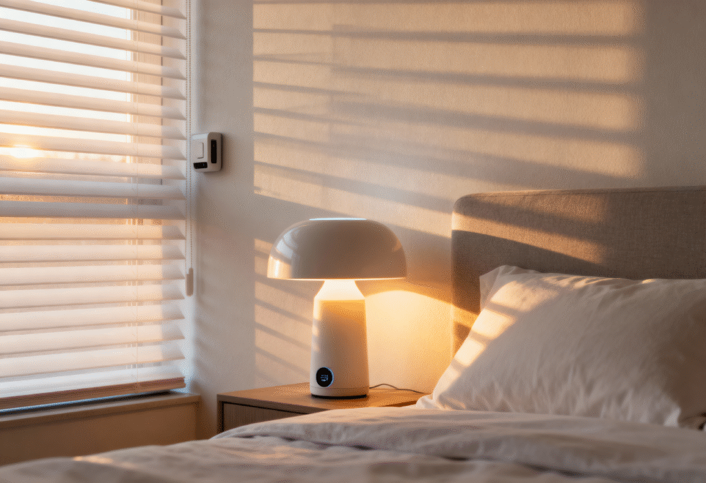Lámpara de mesa encendida junto a la cama con persianas que proyectan sombras cálidas.