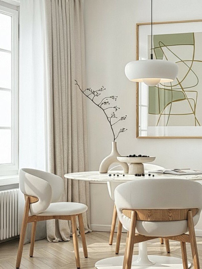 Comedor natural con luz cálida y diseño sereno Mesa redonda de mármol con sillas de madera clara y lámpara blanca colgante.
