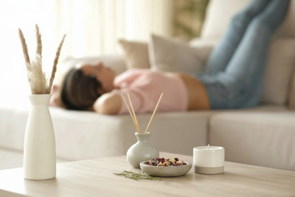 Difusor d’aromes i espelma blanca sobre una taula amb una persona relaxada al fons