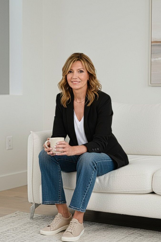 Interiorista sentada en un salón luminoso con una taza en las manos