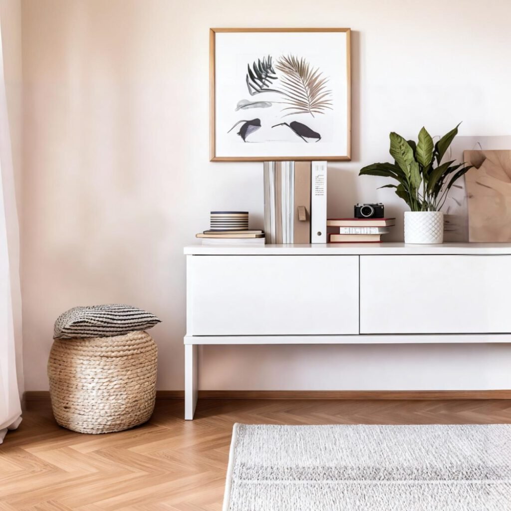 Moble blanc amb plantes, llibres i textures naturals, composició equilibrada que transmet serenor i harmonia.