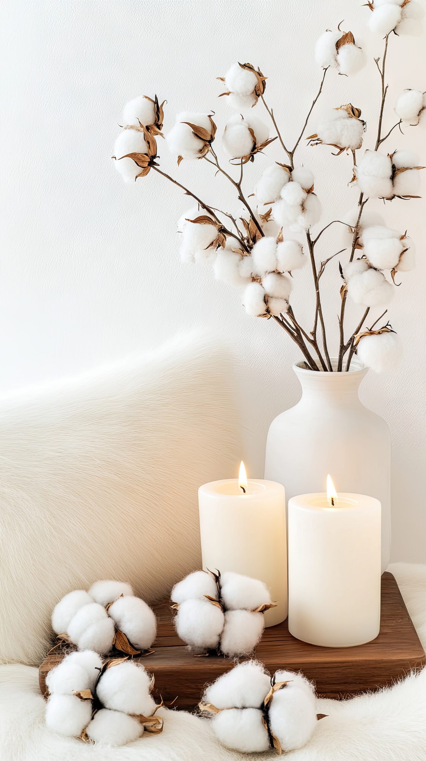 Ramas de algodón y velas blancas en una composición navideña minimalista