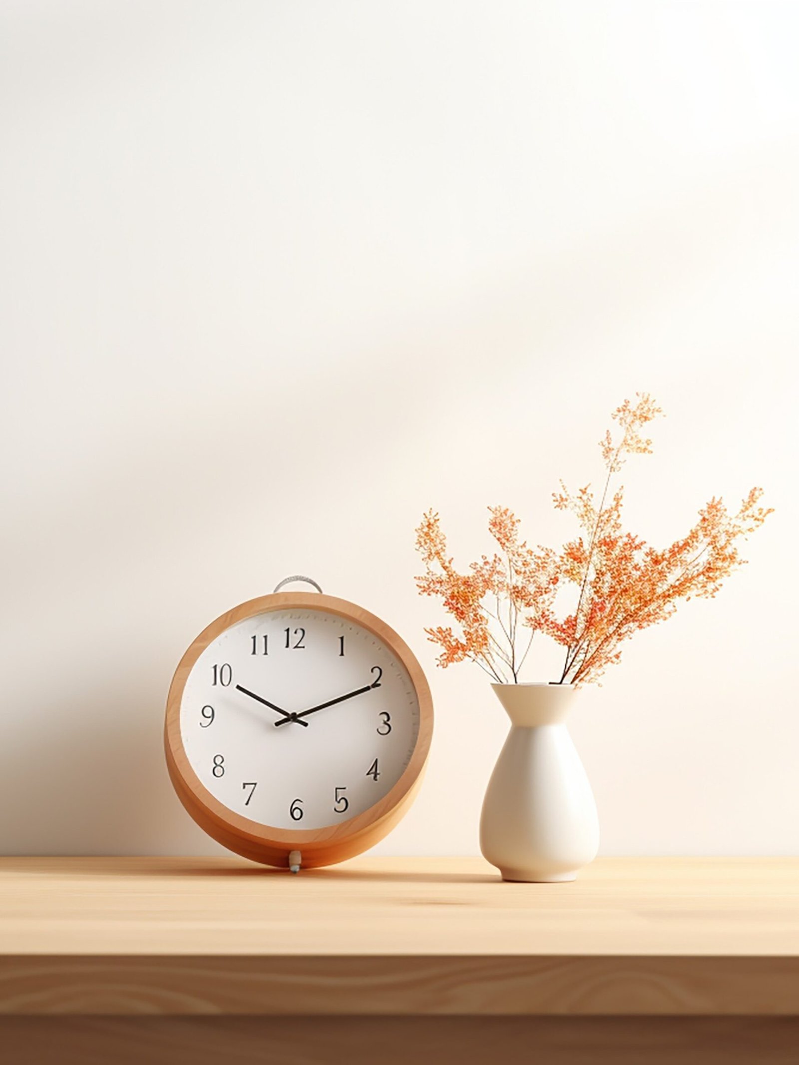 Reloj de madera apoyado sobre una superficie con un jarrón blanco y ramas secas, simbolizando el paso del tiempo y la evolución del hogar.
