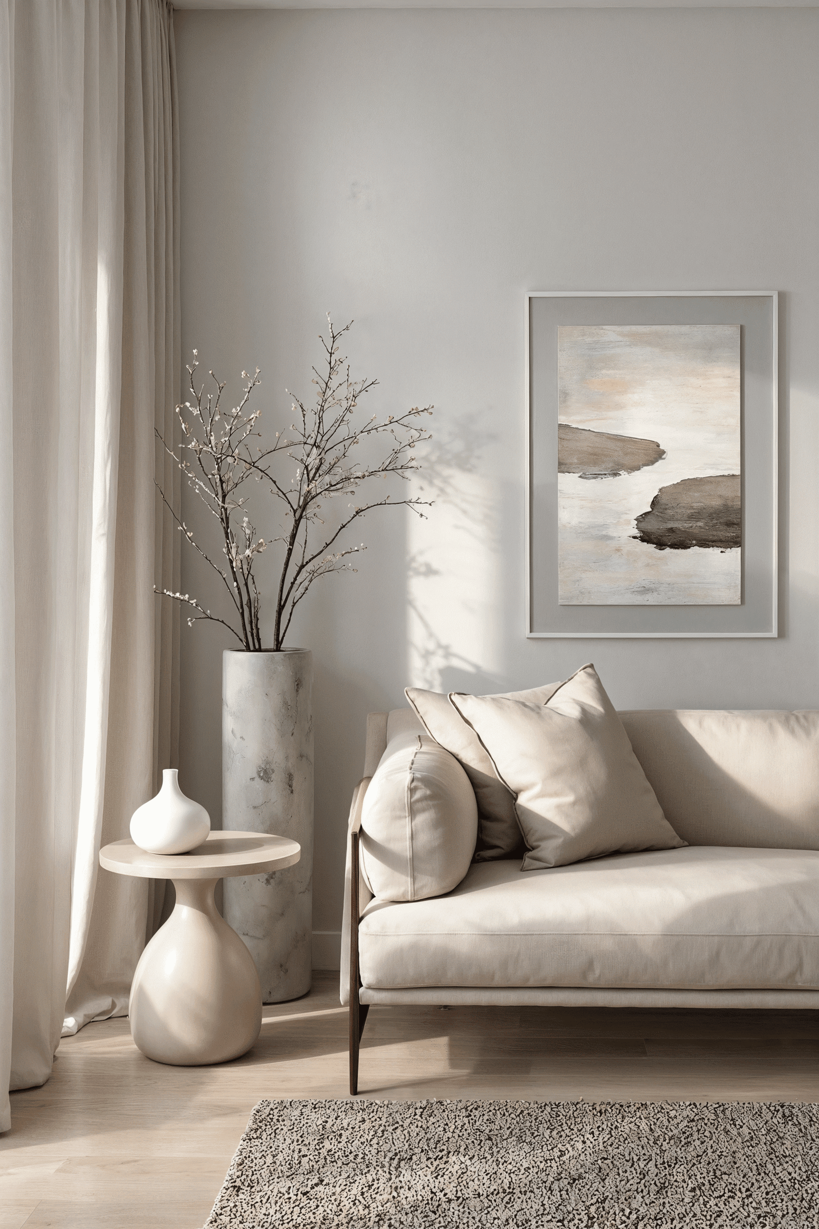 Salón luminoso en tonos beige con sofá, mesa auxiliar y cuadro, creando un ambiente sereno y acogedor.