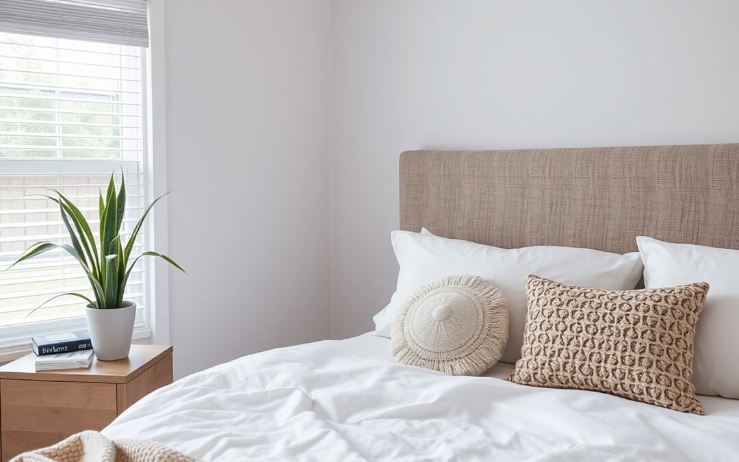 Dormitorio luminoso con cabecero beige y ropa de cama blanca que transmite calma y bienestar.