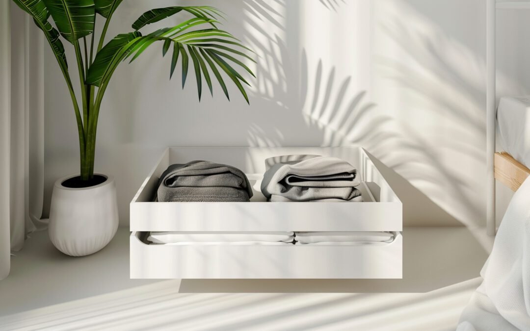 Raconet minimalista amb una planta i tèxtils plegats sota el llit, banyat per una llum natural que transmet calma i equilibri.